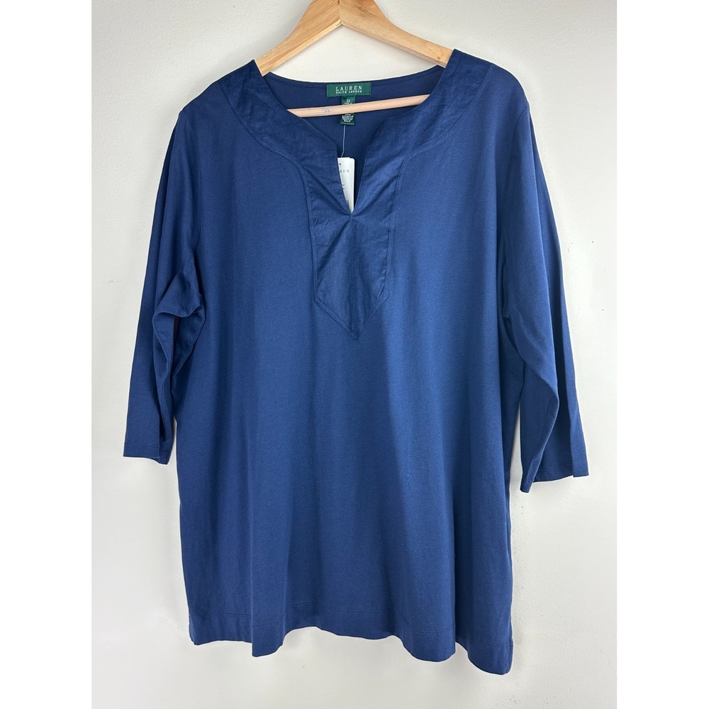NEW Lauren Ralph Lauren Split Neck 3/4 Sleeve Cotton Top Navy Plus Size 2X - Picture 10 of 10